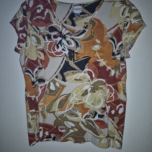 Chico's Short Sleeve Floral V-Neck Top in Rust, Mustard & Tan
